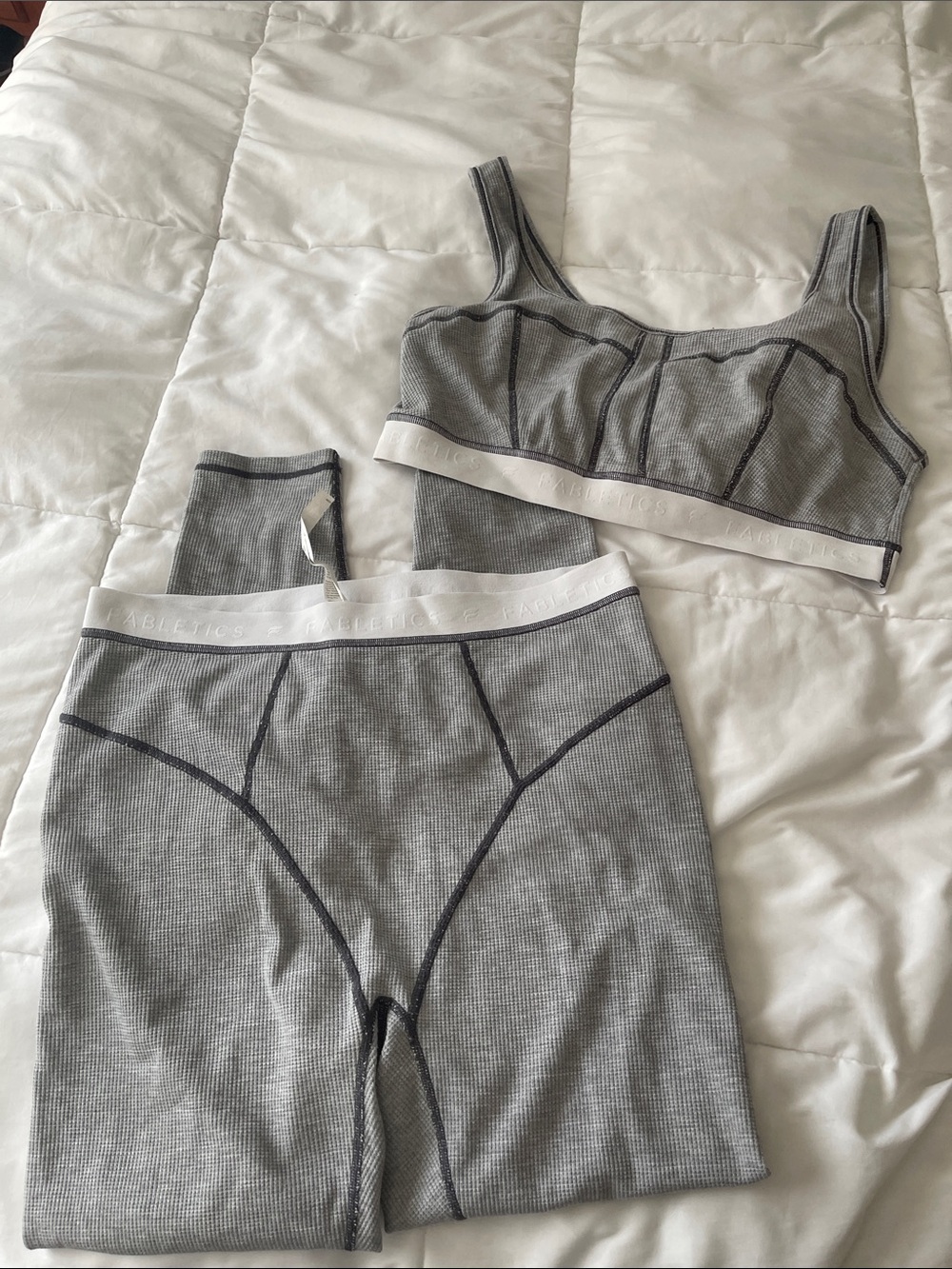 Fabletics Gray Ribbed Seam-Detail Bralette & High-Waist Bike Shorts Set